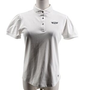 GREYSON Polo Womens S White Puff Sleeve Collared Button Embroidered Slim